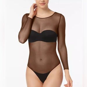 SPANX LONG SLEEVE BODYSUIT SHEER-MESH BLACK SIZE MEDIUM NWT